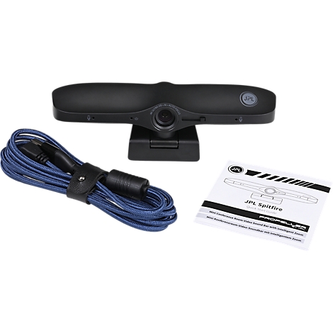 Schwarze Webcam mit Kabel und Anleitung. Das Gerät ist vor weißem Hintergrund platziert.